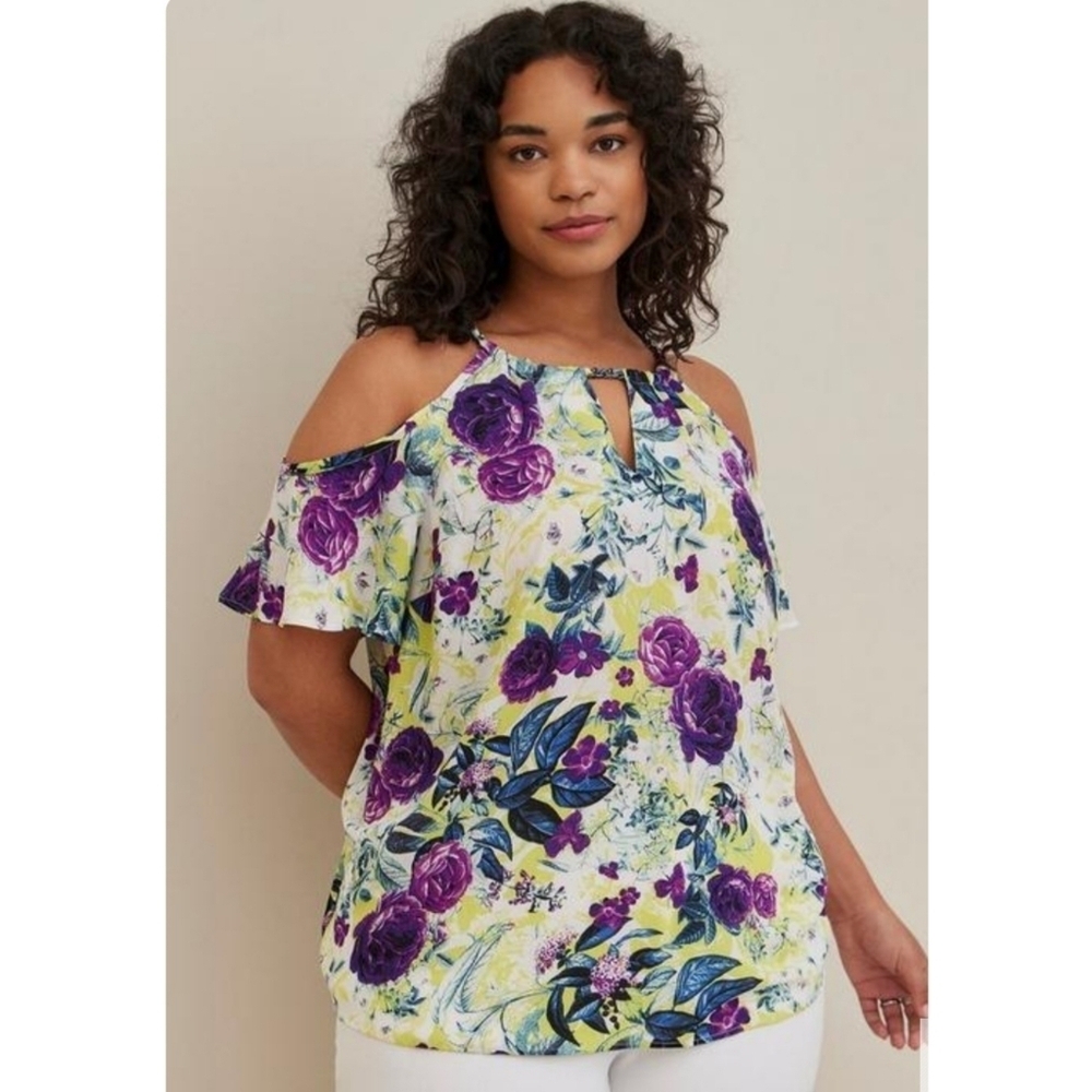 Torrid Georgette Chain Link Cold Shoulder Multi Floral Blouse